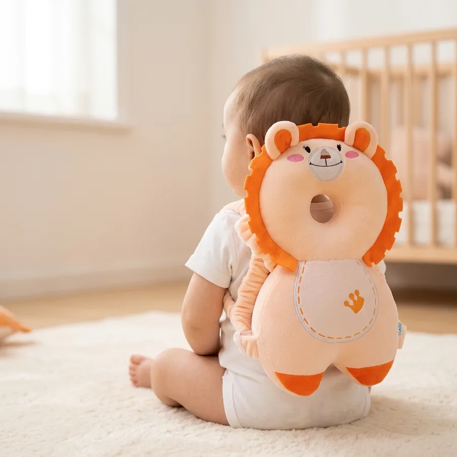Bebé sentado con la mochilita protectora con forma de león a la espalda