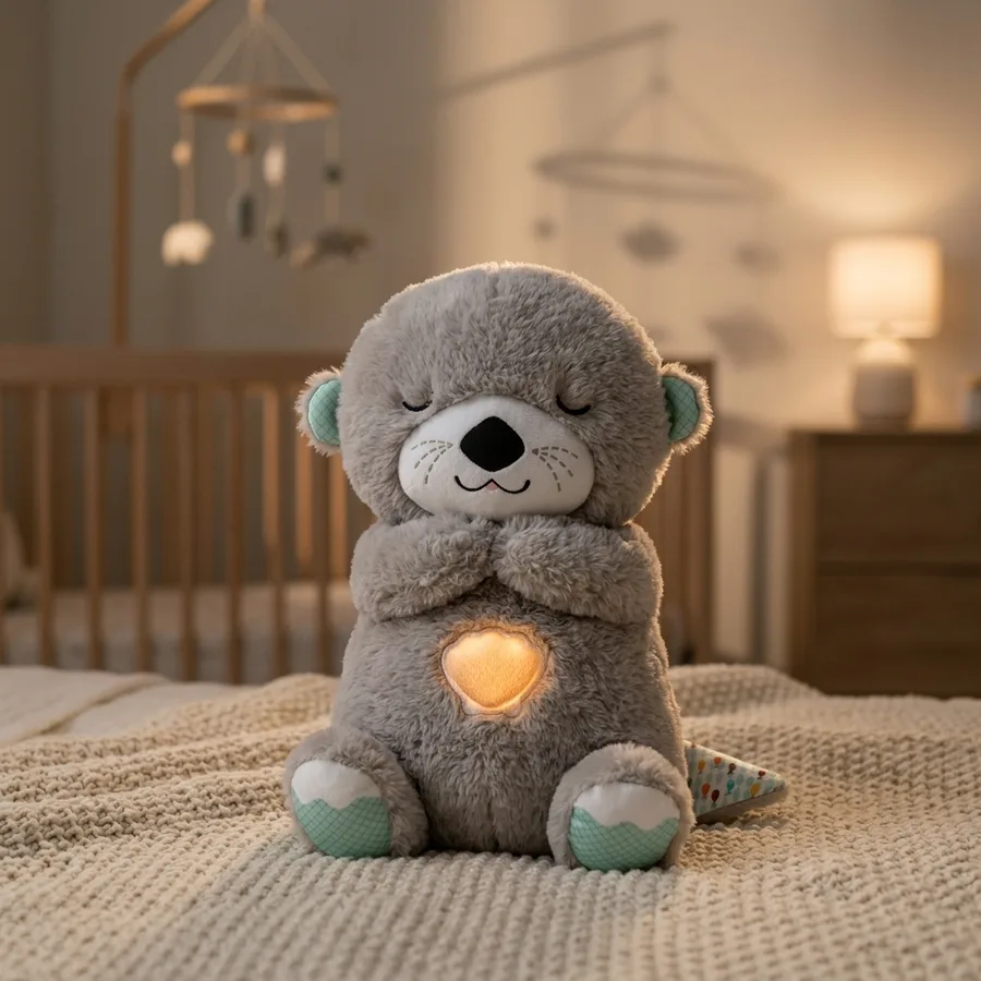 Peluche de nutria gris con la tripa iluminada, sobre una cuna